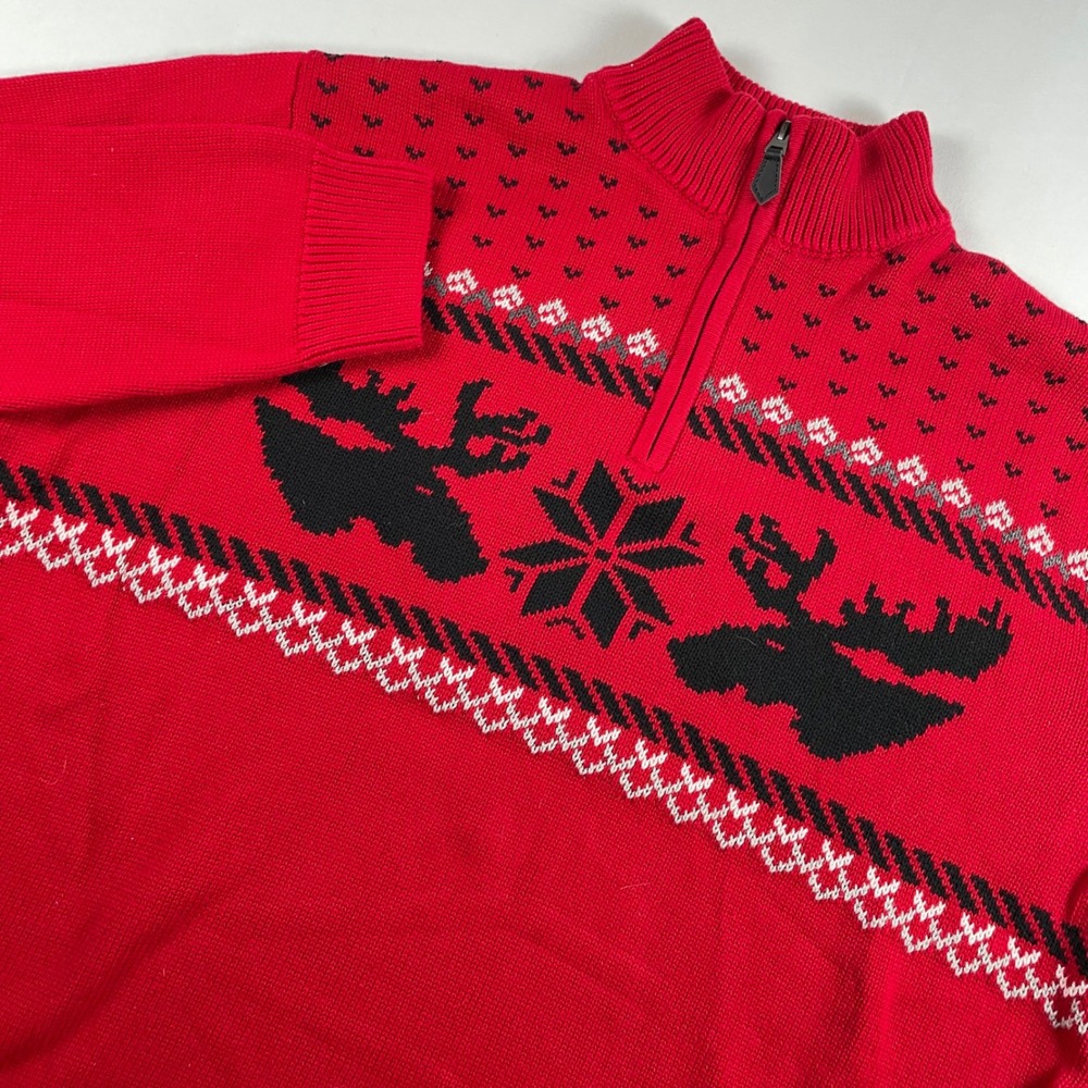 Chaps Mens Red Moose Snowflake Fair Isle‎ Quarter Zip Sweater XXL